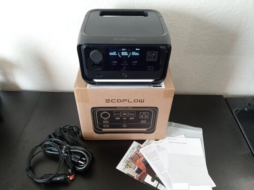 EcoFlow River 3 Plus portable power station unboxed with charging cables, manuals, and retail box