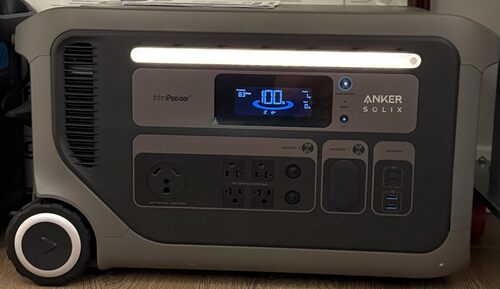Front view of Anker SOLIX F3000 portable power station with LED light and output ports