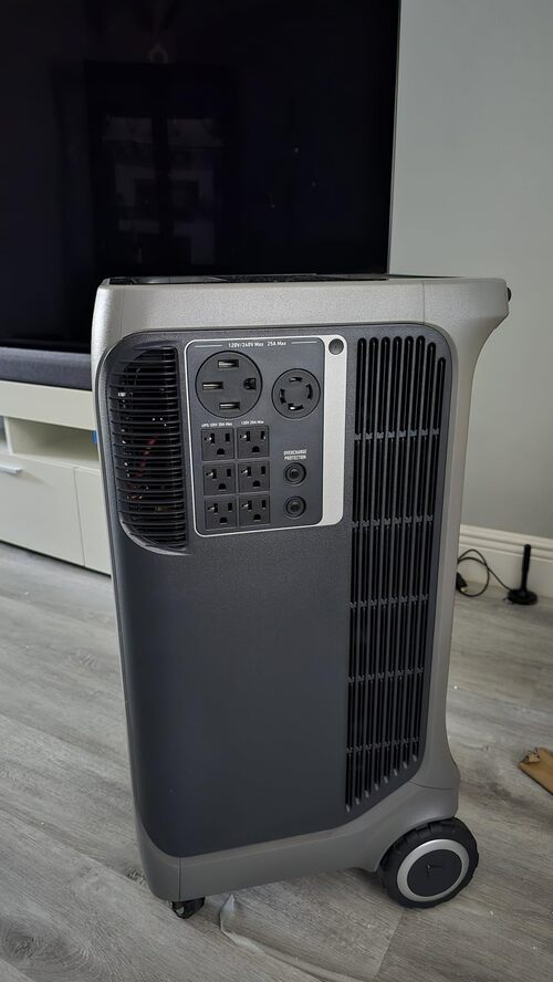 Side view of Anker SOLIX F3800 showing AC outlets, 240V ports, vents, and wheels