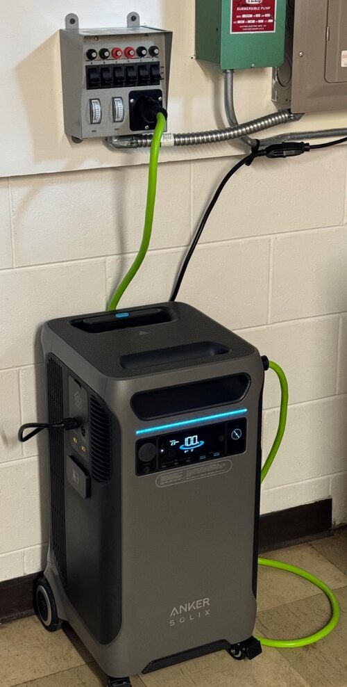 Anker SOLIX F3800 connected to a home backup transfer switch with power cables
