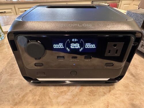 EcoFlow River 3 Plus front panel showing battery display, USB-C port, USB-A ports, AC outlet, and control buttons