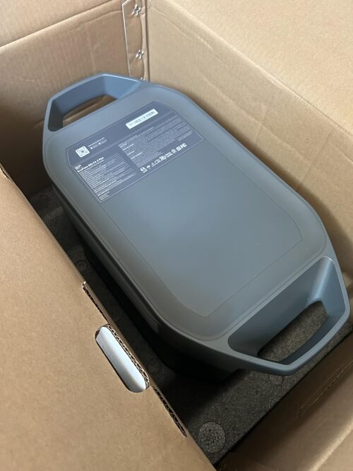 EcoFlow Delta 2 Max power station inside its shipping box showing top handle design and product label