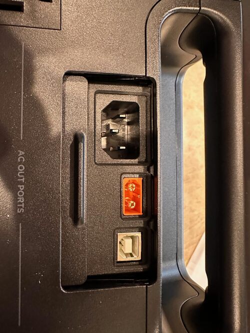 EcoFlow River 3 Plus rear AC input, solar input, and USB communication port panel