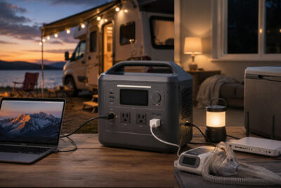 1000Wh portable power station powering a laptop, router, lantern, CPAP setup, and cooler between a campsite and home backup scene.