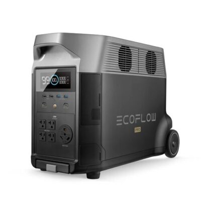 EcoFlow DELTA Pro 3600Wh portable power station with front display, AC outlets, USB ports, side vents, wheels, and pull handle