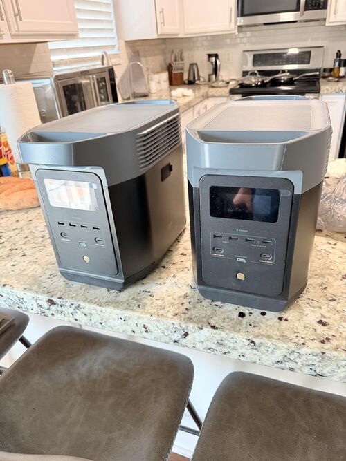 Two EcoFlow Delta 2 portable power stations side by side on a kitchen island