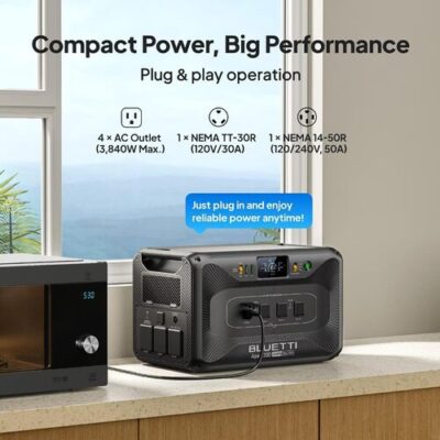 BLUETTI Apex 300 connected to a microwave with 120V and 240V outlet options shown