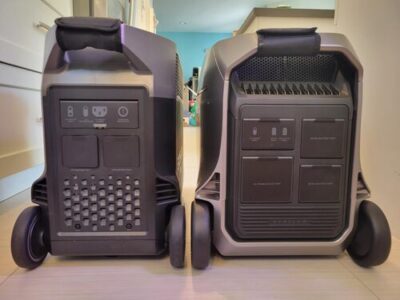 Rear comparison of the EcoFlow Delta Pro and EcoFlow DELTA Pro 3 showing ports and wheels