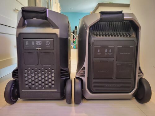 Rear comparison of the EcoFlow Delta Pro and EcoFlow DELTA Pro 3 showing ports and wheels