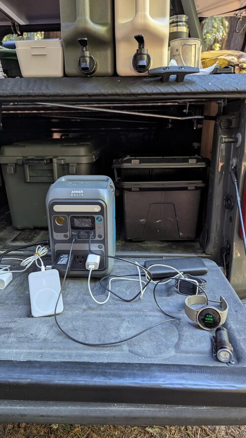 Anker SOLIX C300 powering multiple devices from the back of a camping vehicle setup
