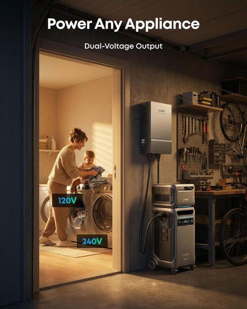 Anker SOLIX F3800 Plus powering 120V and 240V home appliances from a garage backup setup