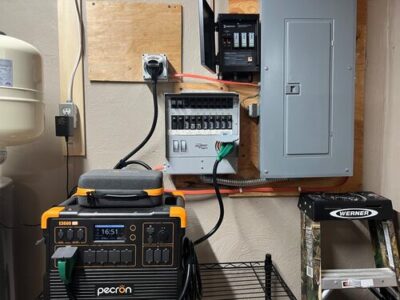 Pecron E3600LFP connected to a home electrical panel and transfer switch for backup power