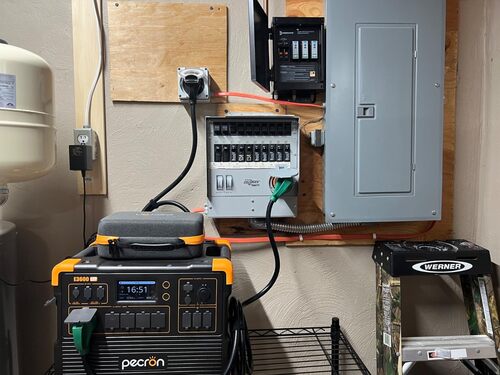 Pecron E3600LFP connected to a home electrical panel and transfer switch for backup power