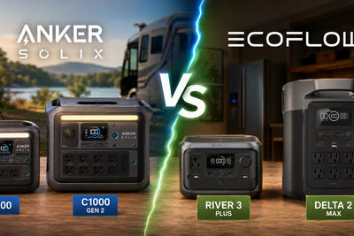 Anker and EcoFlow portable power stations side by side on a table, comparing compact camping backup units with larger home and RV power stations.
