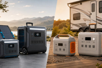 Anker-style and Jackery-style portable power stations side by side, with solar panels on one side and an RV campsite setup on the other.