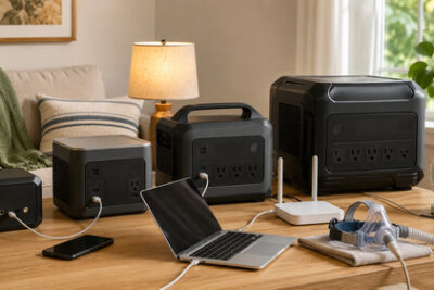 Budget portable power stations powering a laptop, router, lamp, fan, phone, and CPAP mask in a bright home backup setup.