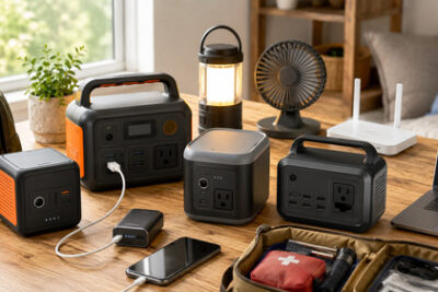 Compact budget portable power stations powering a phone, laptop, router, fan, and camping lantern on a wooden table with emergency gear nearby.