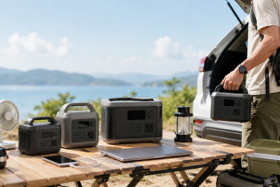 Compact lightweight portable power stations on a car-camping table with a laptop, phone, fan, lantern, cooler, and one small power station being carried by hand.
