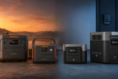 Jackery and EcoFlow portable power stations side by side, with Jackery units shown in a warm camping setting and EcoFlow units in a cool home backup setting.