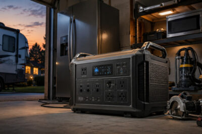 Large 3000W portable power station in a garage powering home backup and RV equipment, with tools, fridge, microwave, and an RV in the background.