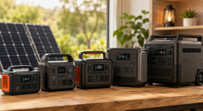 Lineup of different-size portable power stations on a wooden table with solar panels nearby, showing backup power options for home and outdoor use.