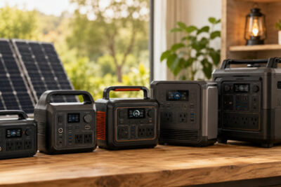 Lineup of different-size portable power stations on a wooden table with solar panels nearby, showing backup power options for home and outdoor use.