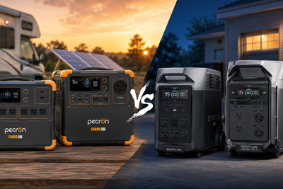 Pecron and EcoFlow portable power stations compared side by side, with Pecron units near an RV and solar panels and EcoFlow units near a home backup setup.