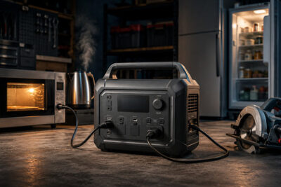 Portable 2000W power station powering a microwave, kettle, refrigerator, and circular saw in a dark garage workshop during an outage.