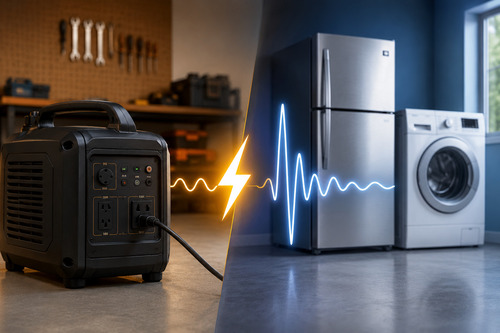 Portable generator powering home appliances with an energy surge line, illustrating running watts vs starting watts for backup power sizing.