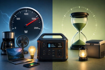 Portable power station between a watt gauge and an hourglass, showing the difference between power output and stored energy for everyday devices.