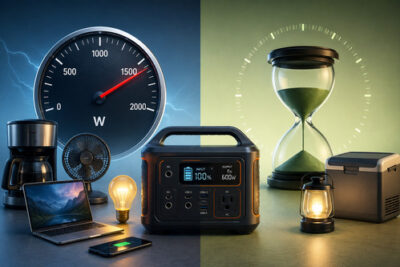 Portable power station between a watt gauge and an hourglass, showing the difference between power output and stored energy for everyday devices.