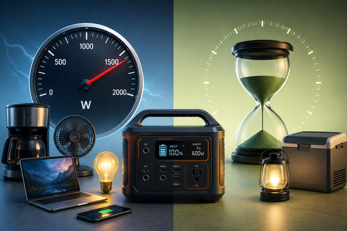 Portable power station between a watt gauge and an hourglass, showing the difference between power output and stored energy for everyday devices.
