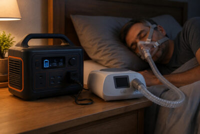 Portable power station powering a CPAP machine on a bedside table while a person sleeps peacefully with a CPAP mask.