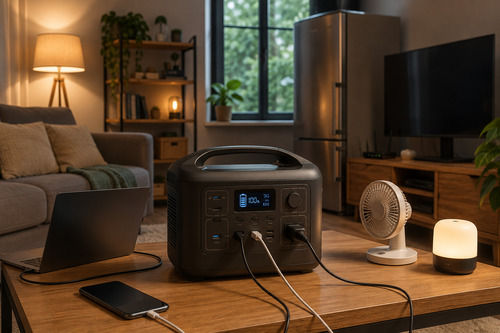 Portable power station powering a laptop, smartphone, and lamp indoors in a cozy living room during a home backup power setup.