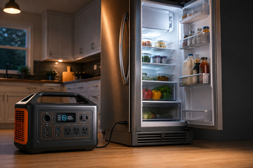 Portable power station powering an open refrigerator in a modern kitchen during a nighttime outage.