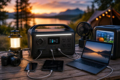Portable power station powering camping essentials on a lakeside table at sunset.