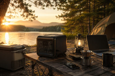 Portable power station powering camping gear on a lakeside campsite table at sunset, with a tent, laptop, lantern, phone, and portable fridge nearby.