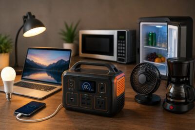 Portable power station powering everyday devices including a laptop, light bulb, phone, fan, coffee maker, microwave, and mini fridge on a desk.