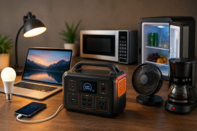 Portable power station powering everyday devices including a laptop, light bulb, phone, fan, coffee maker, microwave, and mini fridge on a desk.