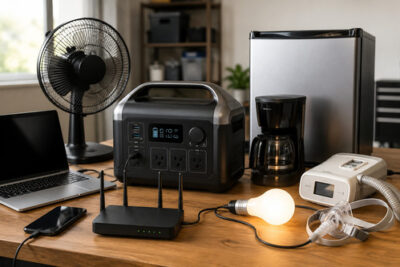 Portable power station powering home essentials including a laptop, Wi-Fi router, fan, coffee maker, mini fridge, light bulb, and CPAP machine on a table.