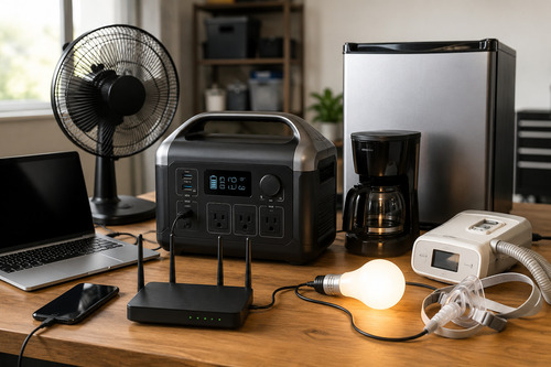 Portable power station powering home essentials including a laptop, Wi-Fi router, fan, coffee maker, mini fridge, light bulb, and CPAP machine on a table.