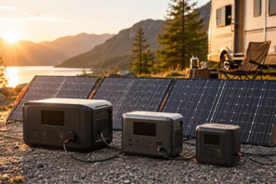 Portable power stations connected to foldable solar panels at a sunny lakeside RV campsite with mountains in the background.