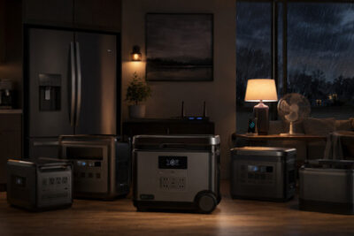 Portable power stations powering home essentials during a nighttime outage, with a fridge, router, lamp, phone, and fan running while rain falls outside.