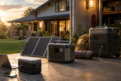 Portable power stations with solar panels powering a laptop and phone on a backyard patio during golden hour, with home backup and outdoor gear in the background.