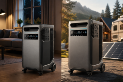 Two large Anker-style portable power stations shown side by side, with home backup on one side and solar RV backup on the other.
