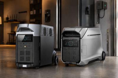Two large EcoFlow-style portable power stations side by side in a modern home backup setup, with solar panels visible outside.