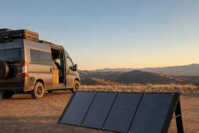 The best portable solar panels for RV set up beside a camper van at a boondocking site, charging in afternoon sun