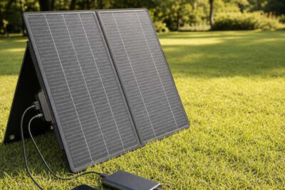 The best 100W portable solar panels propped on a kickstand on grass, charging a phone and power bank in clear sun