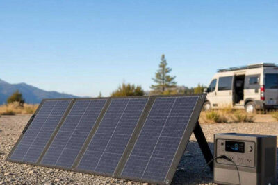 The best 200W portable solar panels unfolded in full sun, charging a portable power station via an MC4 cable