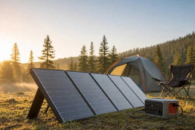 The best portable solar panels for camping set up on grass at a forest campsite, charging a power station in morning sun